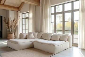 a cozy living room interior with a large sofa, natural light and neutral tones