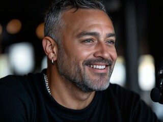 smiling middle-aged man recording a live podcast