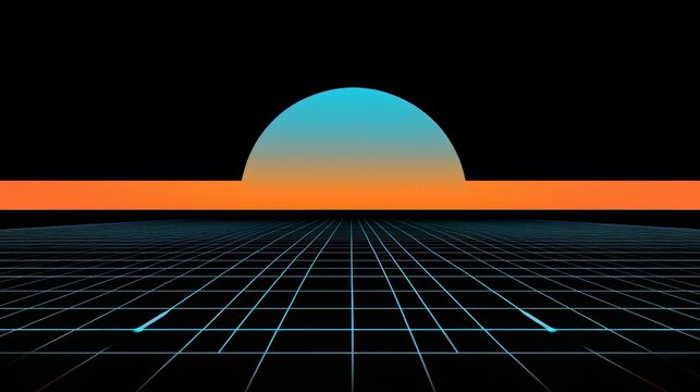 Black and white image of a sun setting over a vast, empty field. The sky is filled with a warm orange glow, and the sun is positioned in the center of the image. The emptiness of the field