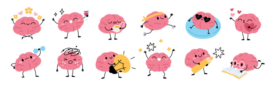 Cartoon brain character. Pink cute mind with feet, hands and smiling funny face, human organ clever mascot, educational symbol, isolated emoji, knowledge emoticon garish vector comic set