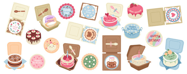 Cartoon bento cakes. Sweet mini pastry, asian small desserts, sugar and fruit biscuits in boxes, korean cheesecakes, birthday party delicious confectionery food, tidy vector isolated set