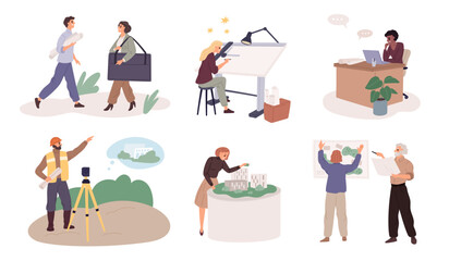 Fototapeta premium Architects professionals. People design buildings and houses, drawings and layouts, planning, development, approval, construction workers, cartoon flat style isolated garish vector set