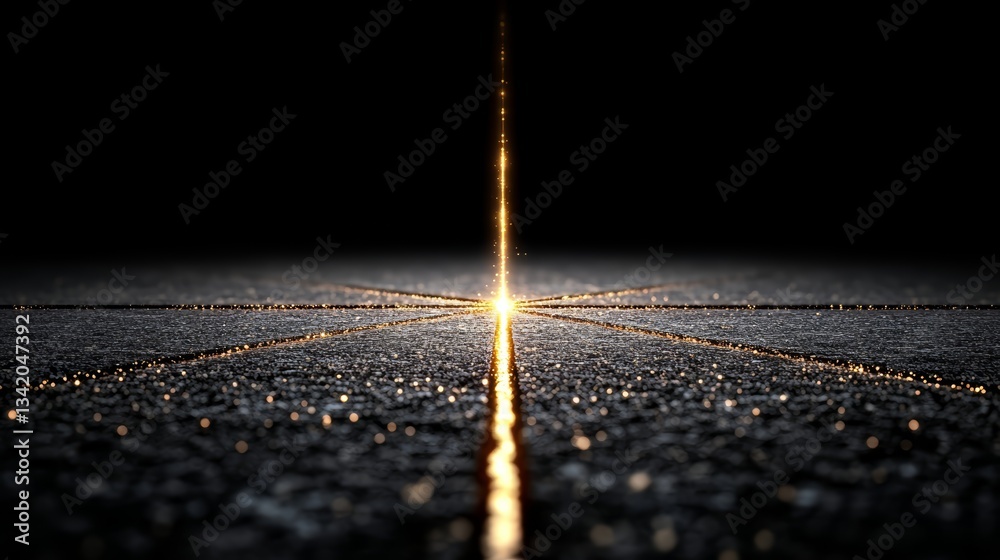 Poster black and white photo of a road with a line of gold glitter on it. the glitter is shining brightly a