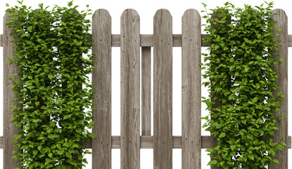 Naklejka premium Rustic Wooden Fence with Lush Green Foliage Ideal for Garden or Backyard Designs