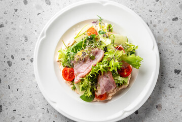 A vibrant salad featuring fresh greens, cherry tomatoes, cucumber slices, and tender pieces of meat, skillfully arranged on a white plate against a textured stone background.