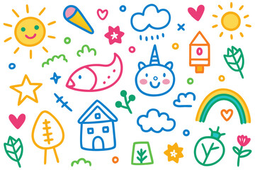 Fototapeta premium Playful Doodle Pattern with Rainbow, Sun, Unicorn, House, and Floral Elements on White Background