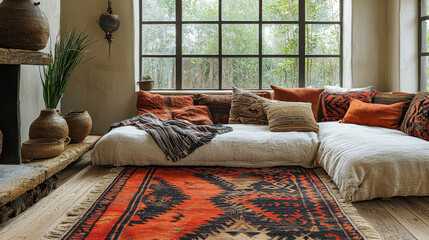 Contemporary living room blending Scandinavian minimalism with traditional African art and design elements