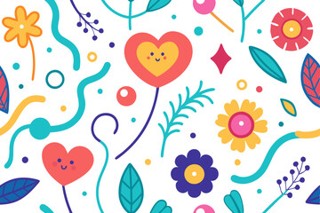 Fototapeta premium Playful Floral Pattern with Smiling Hearts, Bright Colors, and Whimsical Design on White Background