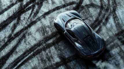 Dark Grey Sports Car Drifting on Snowy Road