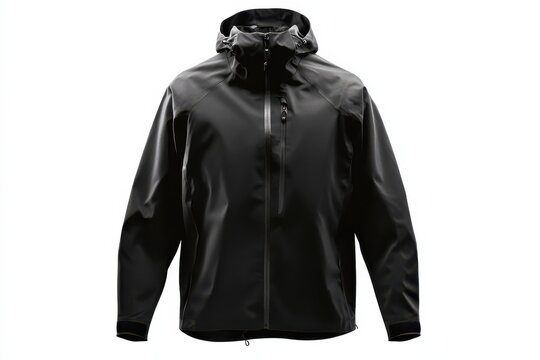 Stylish waterproof black rain jacket for men on white background