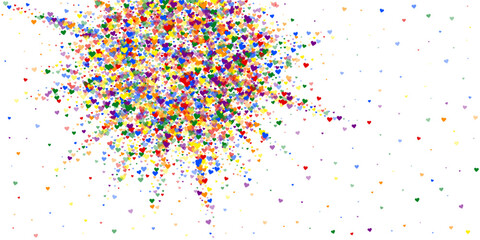 Heart confetti valentine overlay. Rainbow colored scattered hearts. LGBT valentine card. Joyfull heart confetti vector illustration