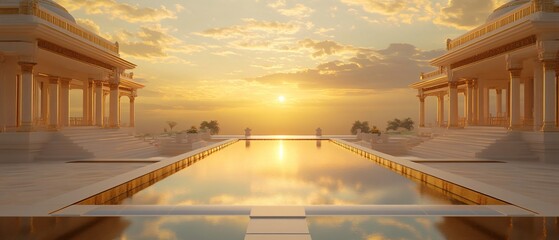 Indian Floating Courtyard Terrace, Sunset Reflections Over Infinity Pool and Sand Garden. Background Frame. Copy space. Generative AI