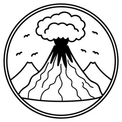 Naklejka premium Simple Black and White Volcano Eruption Outline Icon Inside Circle, Natural Disaster Concept with Birds