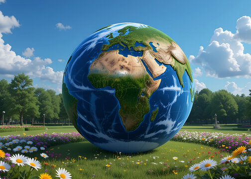 Earth Globe in a Lush Park Setting, Perfect for Environmental Stock Photos