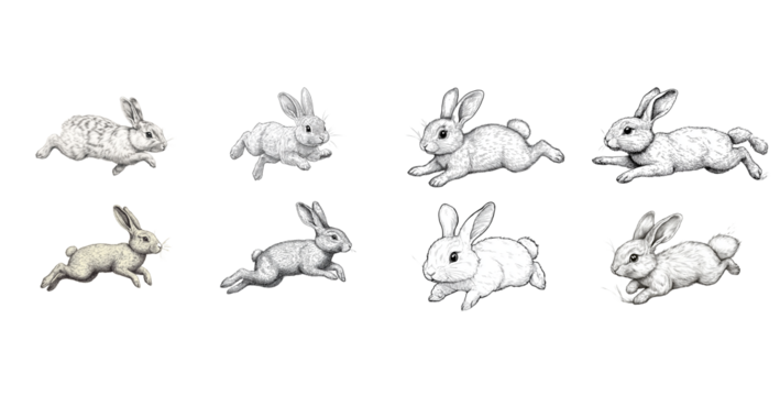 Collection of Six Adorable Pen and Ink Drawings of Rabbits in Motion isolated with Transparent Background