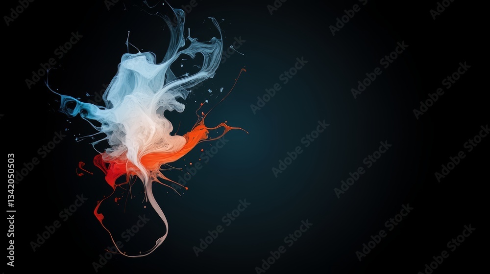Poster black background with a splash of red, blue and white. the splatter of colors is in the middle of th