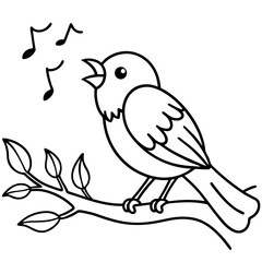 Fototapeta premium Singing Bird Outline on Branch with Musical Notes, Black and White for Coloring or Educational Use