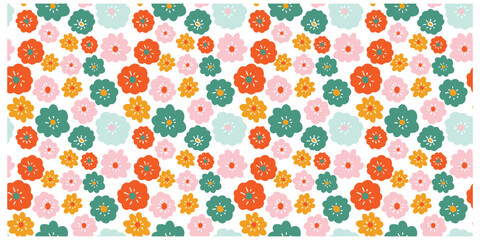 A luxury floral pattern multicolored retro flowers on a navy background, bordered by a decorative green and gold trim, It could be used as a wallpaper, fabric design, or other decorative elements