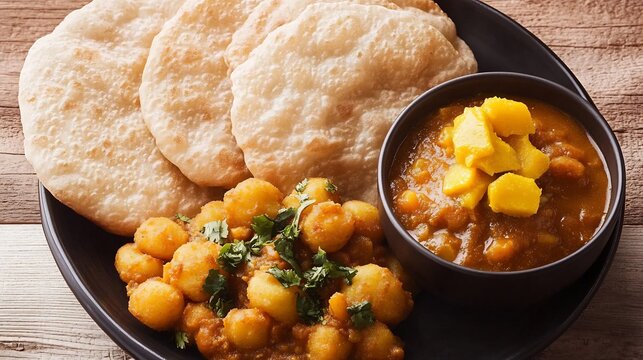 Top view of poori Deep Fried Indian Bread served a bowl of spicy aloo curry mango pickle and sweet halwa