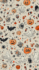 Naklejka premium Whimsical Halloween Pattern Featuring Ghosts, Pumpkins, and Spooky Elements on Neutral Background