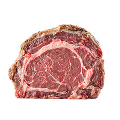 Fototapeta premium Tender prime rib slice with a perfectly seared crust pink center and marbled fat isolated on white