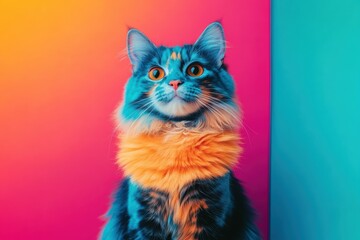 Fototapeta premium Charming cat with vibrant blue and orange fur against a colorful background