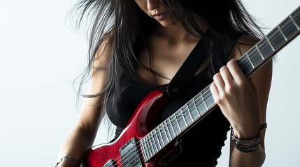 Young woman playing an electric guitar against white background. Close-up shot of a woman with long black hair wearing a black tank top playing an electric guitar.