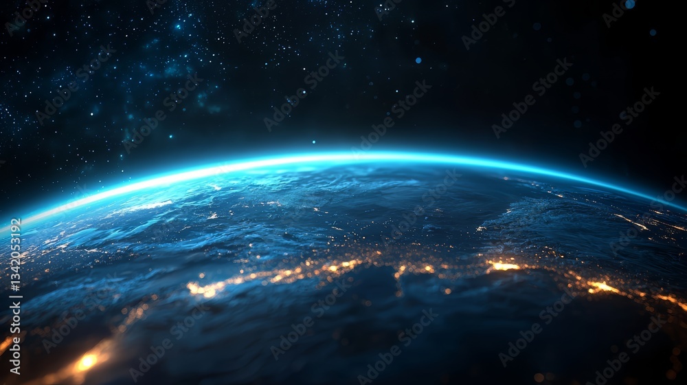 Poster Blue and black planet with a starry sky. The planet appears to be a large, round object with a dark blue color. The sky is filled with stars, creating a sense of vastness and wonder