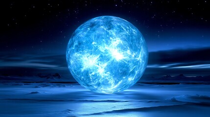 A Bright Blue Celestial Orb Illuminates a Dark Cosmic Landscape