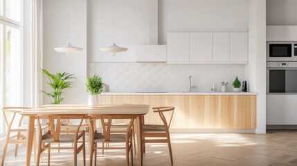 Fototapeta premium A clean, bright kitchen interior features a wooden counter and white walls, creating a minimal background for product display. 