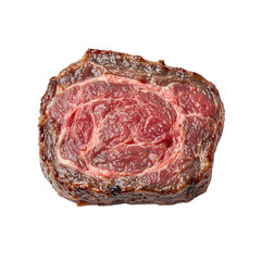 Fototapeta premium Tender venison steak slice rich red hue seared to perfection minimal fat on white background