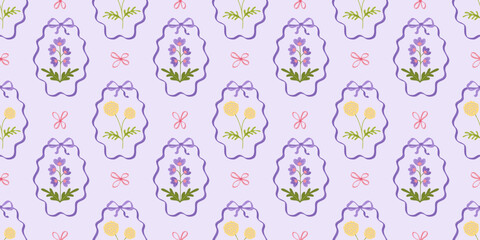 Hand-drawn floral pattern in the form of frames with bows. Seamless floral lace pattern with bows on coquette style. Spring, summer flowers. Elegant Design for baby print, fabric, wrapping paper.