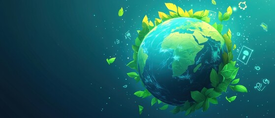 Digital Earth globe with green leaves and technology icons, symbolizing environmental conservation, sustainable technology, and global connectivity