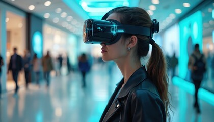 Woman uses virtual reality headset in shopping mall. Customer explores retail, modern store in cyberspace. VR technology enhances buying experience, augmented reality tech allows people to try