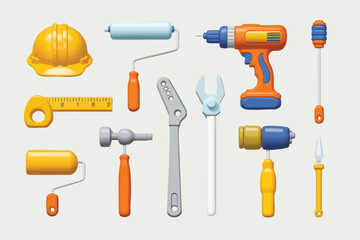 A collection of colorful construction tools, including a hard hat, paint roller, drill, wrench, ruler, hammer, screwdriver, and more