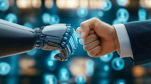 A humanoid robot AI agent hologram sharing knowledge with a human during the singularity symbolizing agentic autonomy and AGI technology in the future using superintelligence