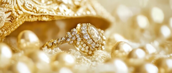 Elegant golden ring surrounded by pearls and gems