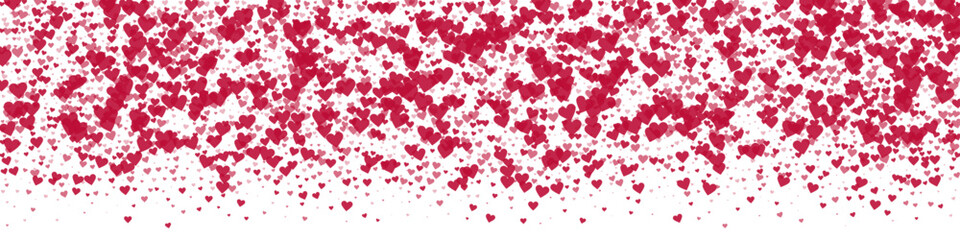 Falling hearts valentine card template. Red hearts scattered on white background. Chaotic falling hearts vector illustration.