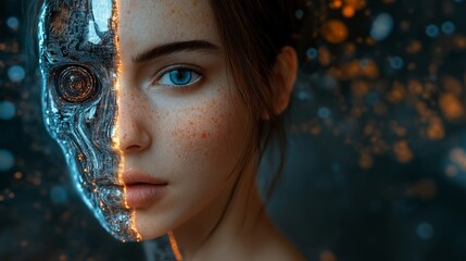 A humanoid robot AI agent hologram sharing knowledge with a human during the singularity symbolizing agentic autonomy and AGI technology in the future using superintelligence