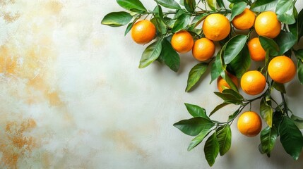 Ripe Mandarin Oranges on Branch with Green Leaves