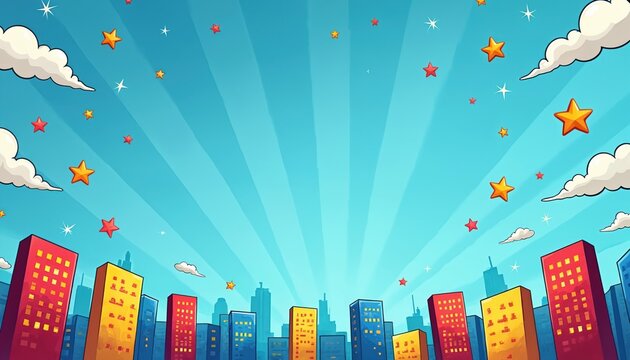 Superhero theme party background with copy space. Cartoon cityscape with colorful buildings under blue sky with clouds, stars. Ideal for birthday invitations, posters flyers, comic celebration event.