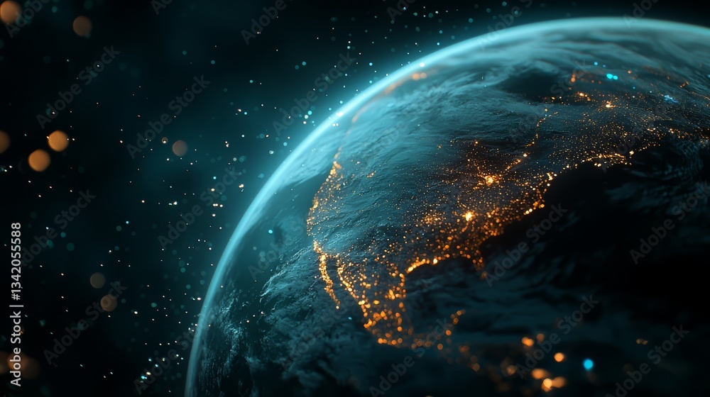 Poster blue and orange planet with a bright light shining on it. the planet is surrounded by a lot of stars