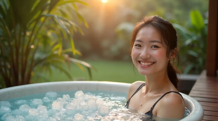 Smiling Asian woman enjoying an ice bath in an outdoor spa surrounded by lush greenery. Concept of wellness, relaxation, and cold therapy for rejuvenation.