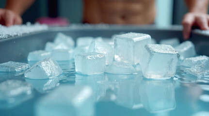 Close-up of large ice cubes floating in cold water with a shirtless male athlete preparing for an ice bath. Concept of cryotherapy, muscle recovery, and endurance.

