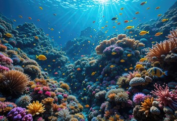 Obraz premium Exploring Vibrant Coral Reef with Fish and Sunbeams Underwater