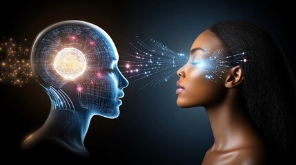 A humanoid robot AI agent hologram sharing knowledge with a human during the singularity symbolizing agentic autonomy and AGI technology in the future using superintelligence