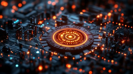 Obraz premium A high-tech circuit board with glowing orange and blue elements, showcasing intricate patterns and modern digital design.