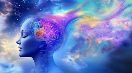 A human woman hybrid receiving knowledge from the universe during the singularity symbolizing agentic autonomy and AGI technology in the future using superintelligence
