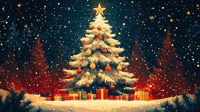 Flat vector Christmas illustration decorated Christmas tree presents and glowing ornaments bright red green and gold festive colors playful yet elegant design