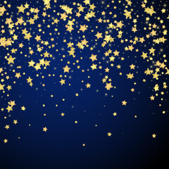 Magic stars vector overlay. Gold stars scattered around randomly, falling down, floating. Chaotic dreamy childish overlay template. Miraculous starry night vector on dark blue background.
